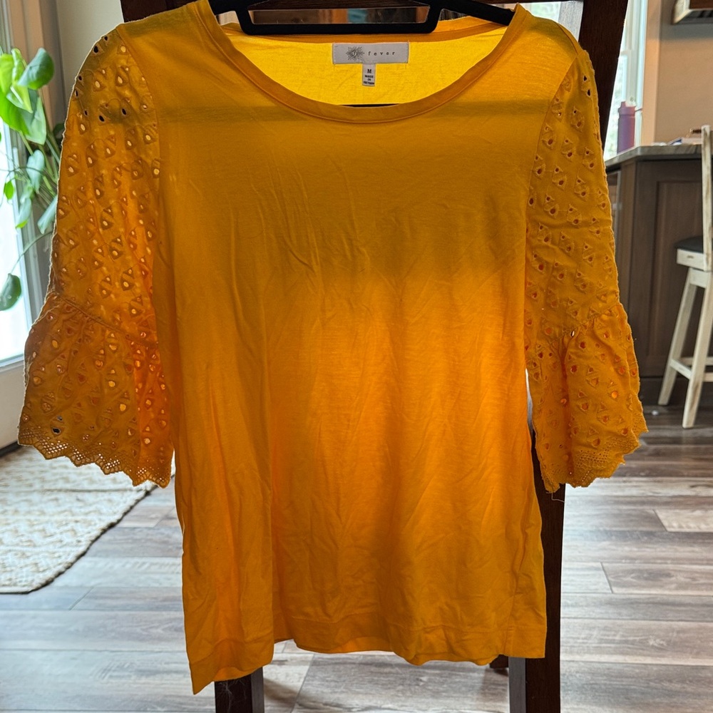 Fever Yellow Eyelet Bell Sleeve Short Sleeve Tee